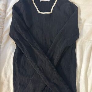 Black Ribbed Long Sleeve Top with White Trim